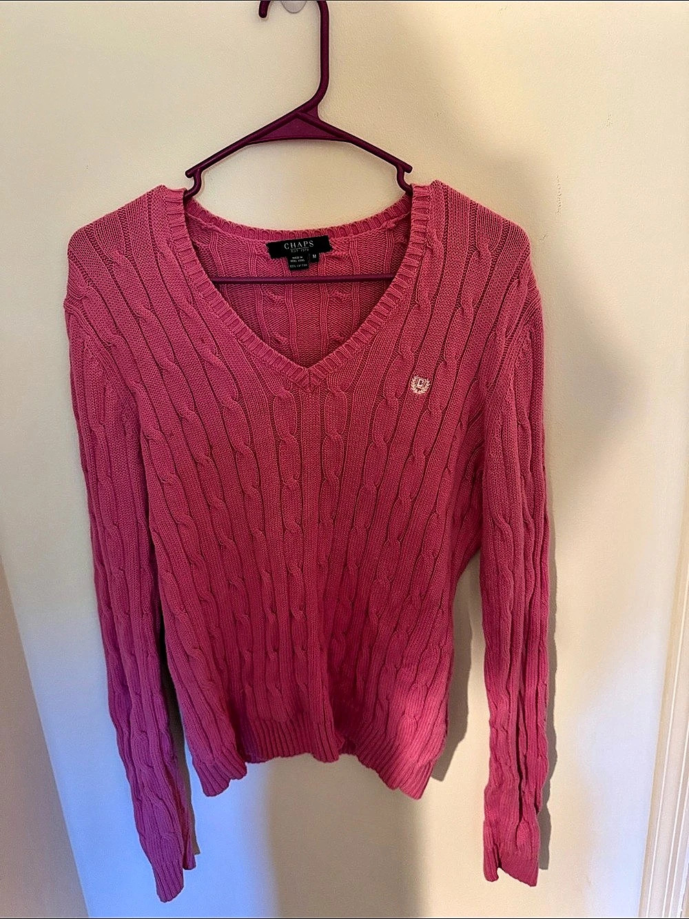 Chaps Cable Knit V-Neck Sweater Pink Medium